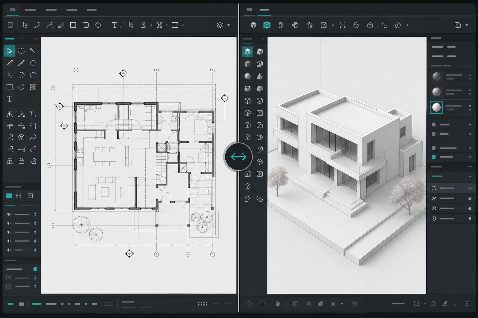 Vectorworks 2D 製圖與 3D 建模工作區重點配置對照示意