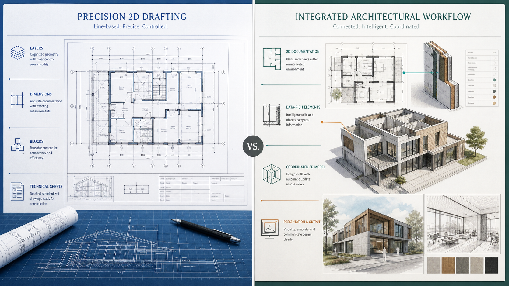 精準 2D CAD 製圖與整合建築設計工作流程的平衡比較示意