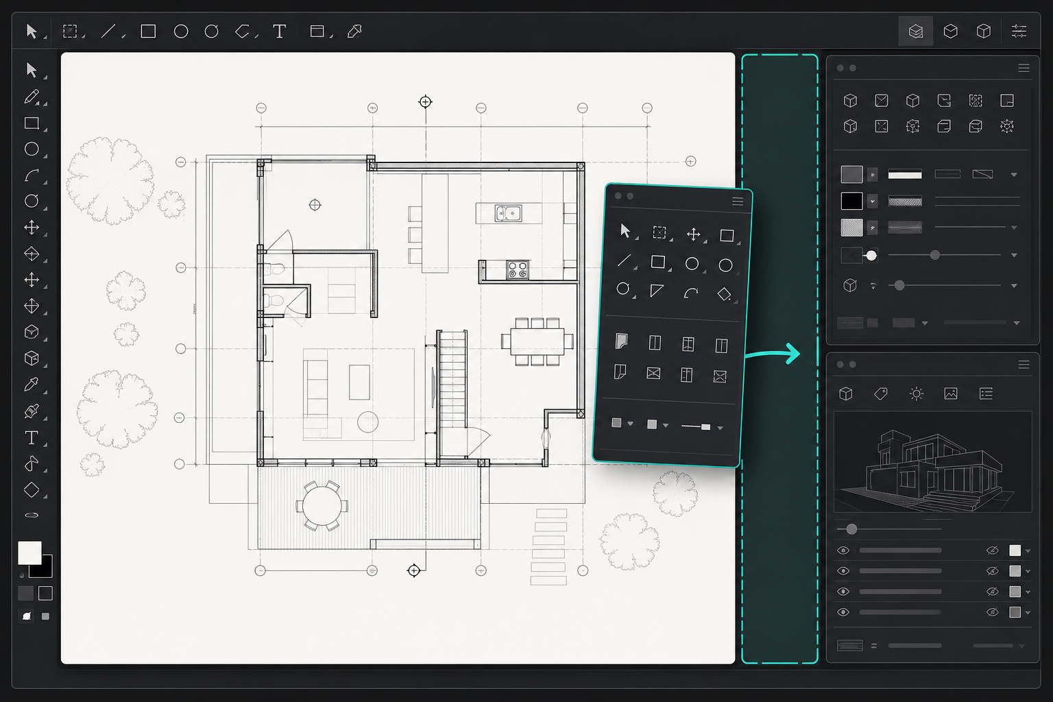 Vectorworks 工作區面板停駐與左右分組的教學配置示意
