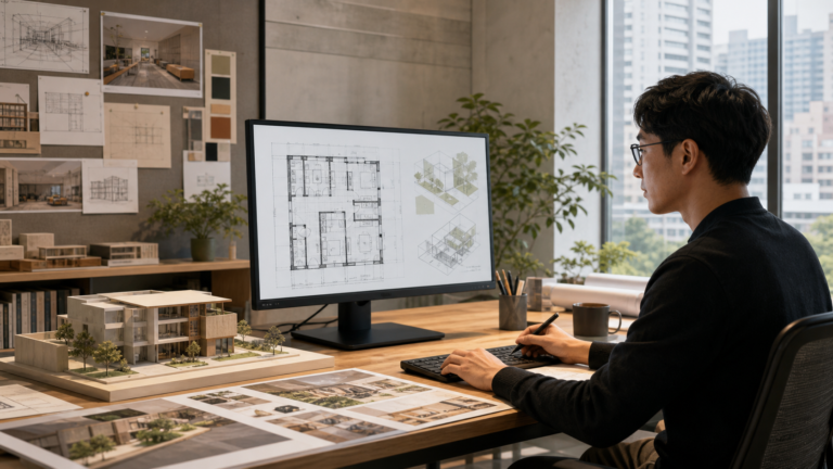 台灣建築設計工作室中以平面圖、3D 模型與簡報資料整合設計流程的學習示意