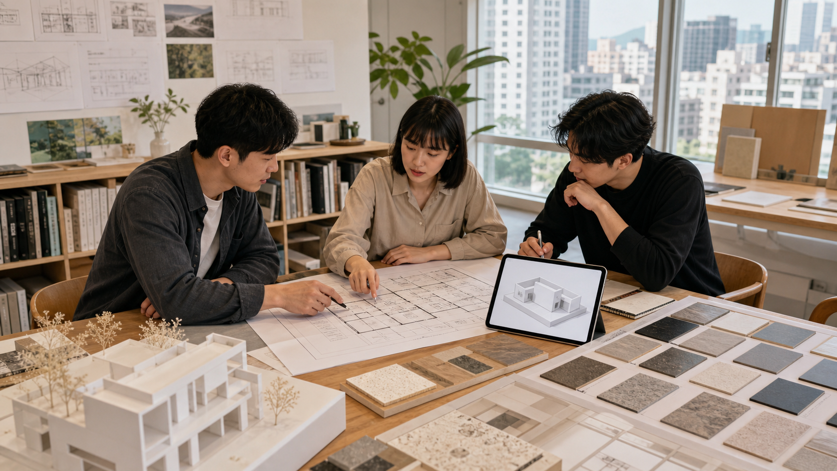 設計團隊以平面圖、模型與材料板進行 Vectorworks 專案練習與協作的情境示意