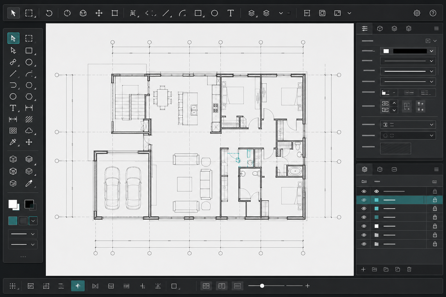 Vectorworks 課程文章的 CAD 工作區配置示意，中央為建築平面圖，左右配置工具與物件資訊面板