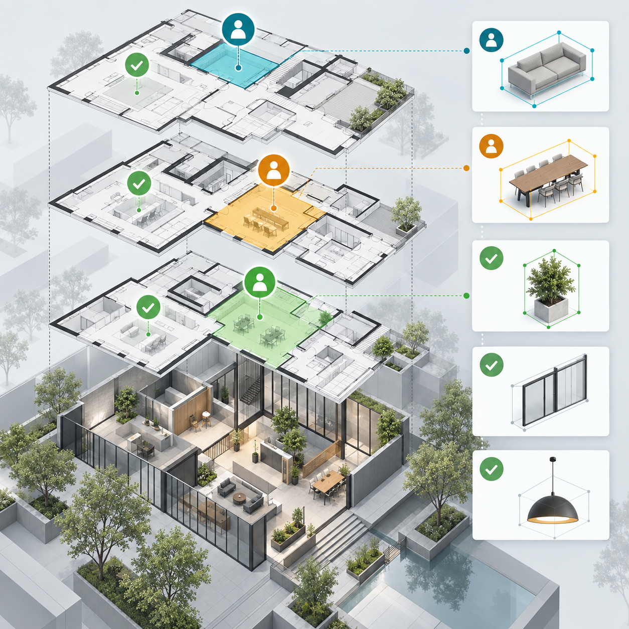 Vectorworks 專案共享以簽出機制管理圖層與物件編輯範圍的概念示意