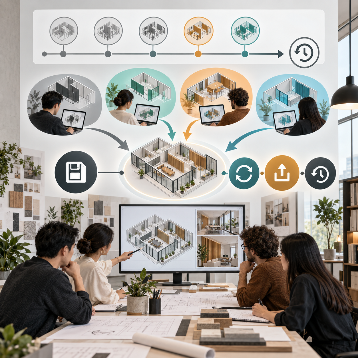 Vectorworks 專案共享中提交變更釋放物件並保留歷史紀錄的團隊流程概念示意