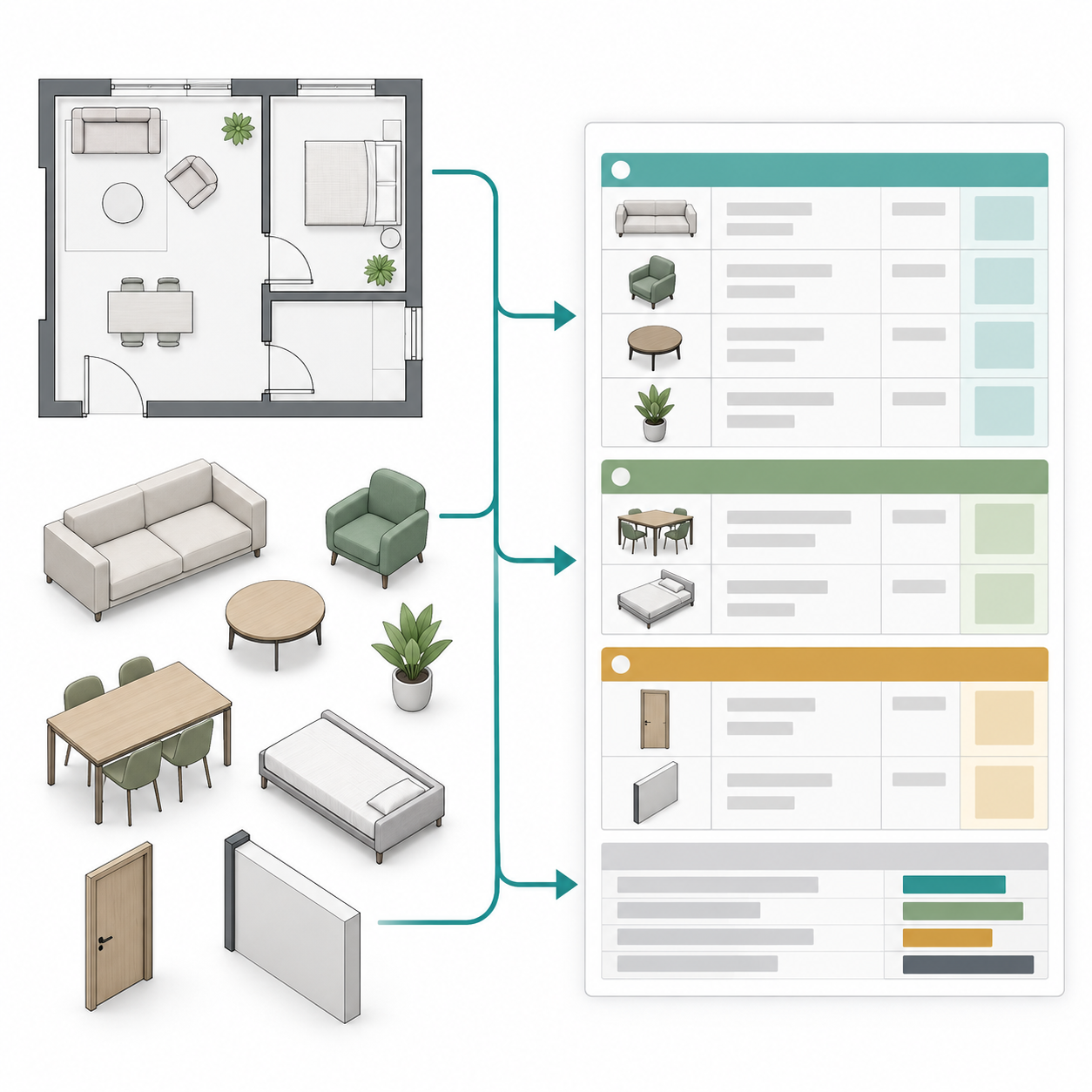 空間物件資料標籤整理為報表的 Vectorworks 工作流程概念示意