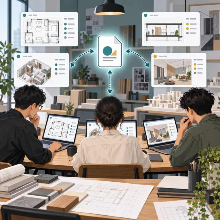 Vectorworks 專案共享以中央專案檔連結多個工作檔的室內設計協作概念示意