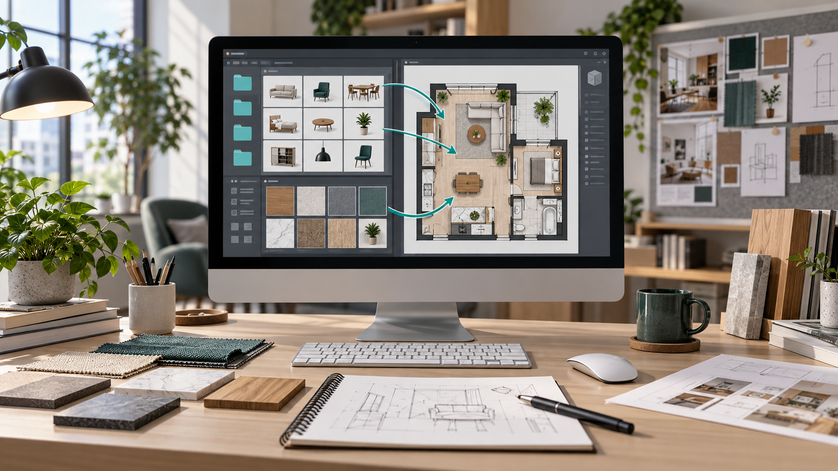 Vectorworks 資源管理器整理家具符號與材質資源並套用到室內平面配置的概念示意