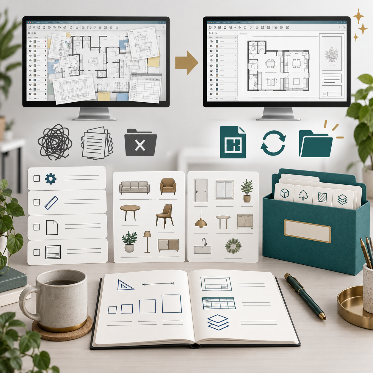 將完成專案整理成可重複使用 Vectorworks 樣板與辦公室標準的概念示意