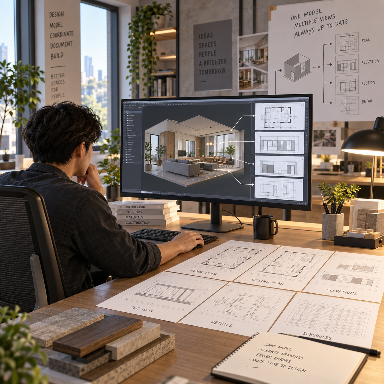 設計者把同一住宅模型編排成多張施工圖紙的工作情境