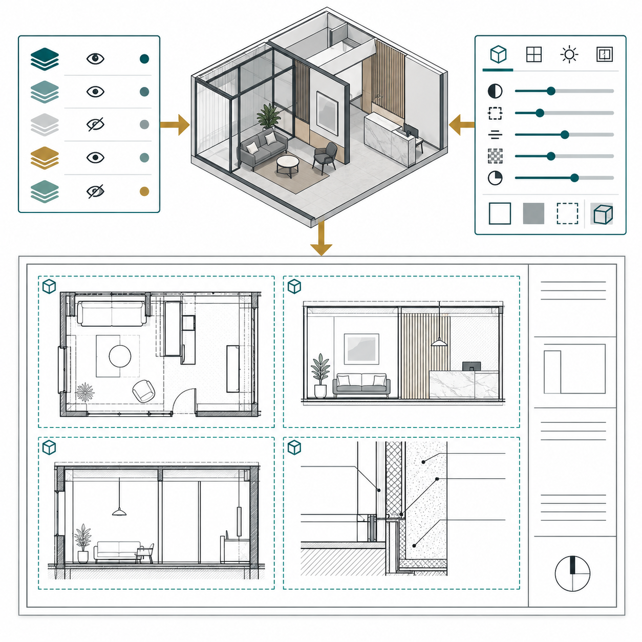 室內設計模型透過視埠輸出平面立面剖面與細部圖紙的 Vectorworks 概念示意