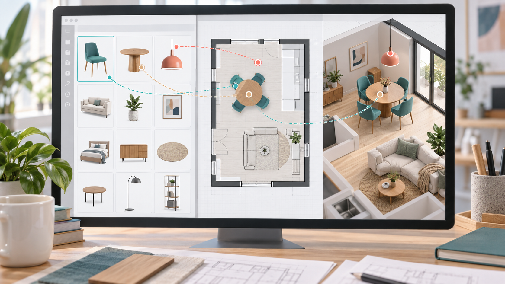 家具符號從資源庫插入平面與三維室內模型的 Vectorworks 工作流程概念示意