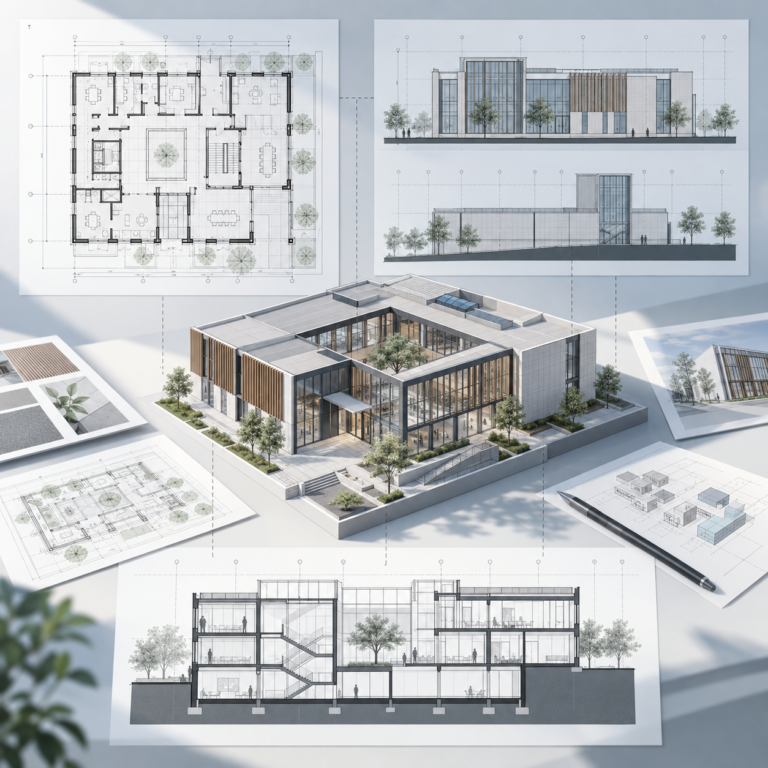 建築模型連動平面立面與剖面圖紙的 Vectorworks 視埠工作流程概念示意