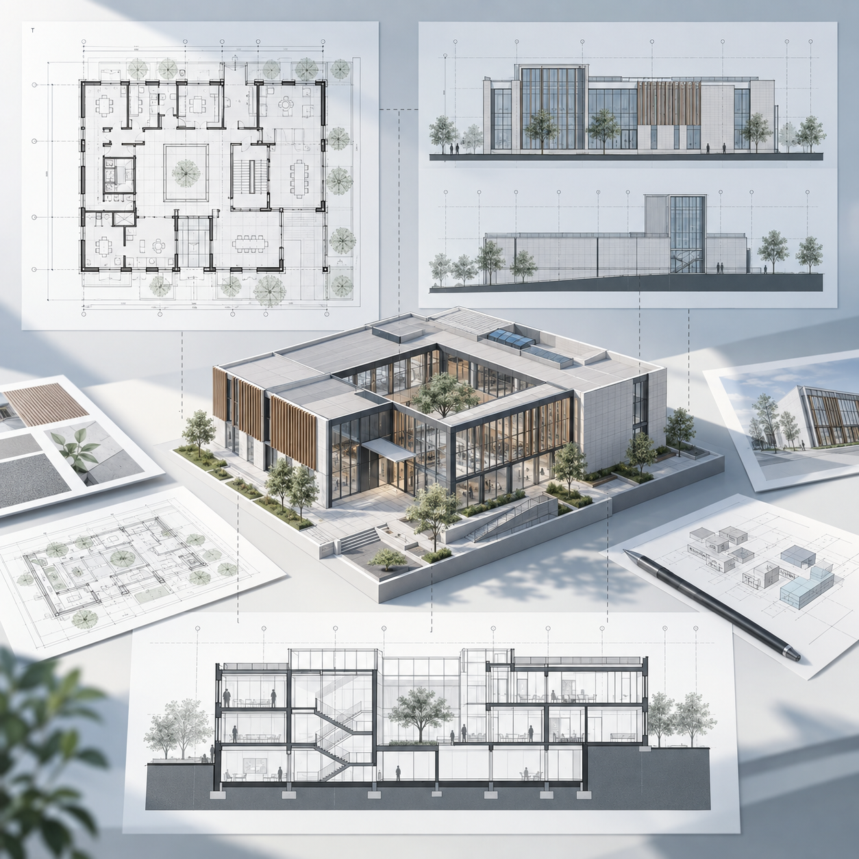 建築模型連動平面立面與剖面圖紙的 Vectorworks 視埠工作流程概念示意