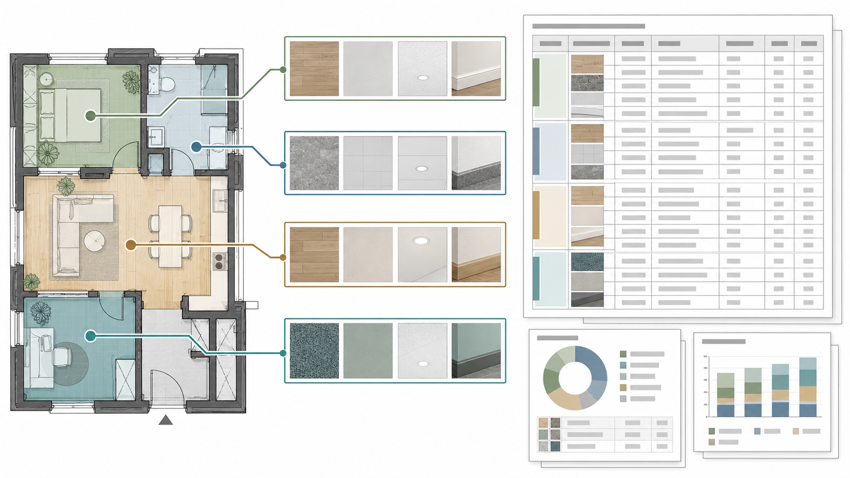Vectorworks 空間物件連動房間裝修材料與工作表報表的概念示意