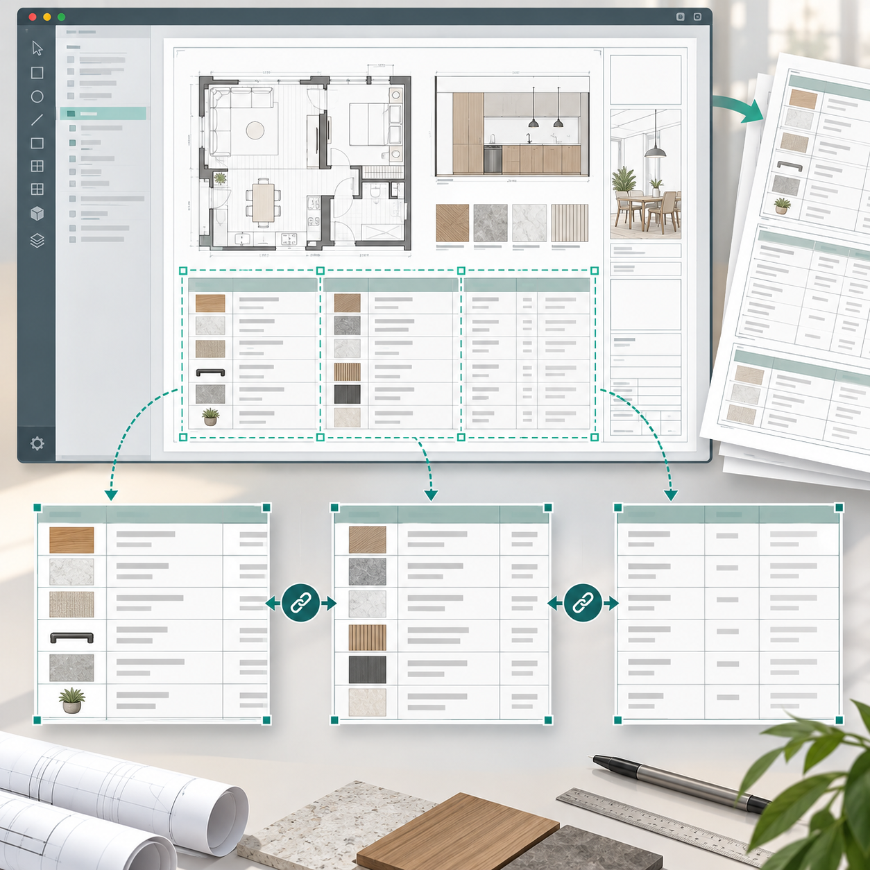Vectorworks 工作表切片將大型材料表分割成多個連動圖紙區塊的概念示意